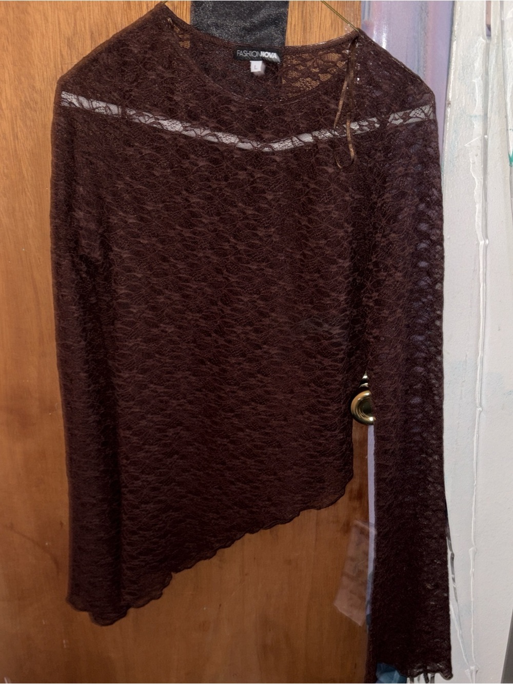 Fashion Nova Women's Brown Lace Asymmetric Shirt